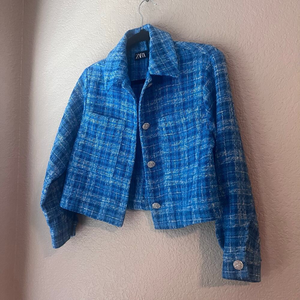 Zara Blue Checkered Tweed Cropped Breasted Blazer Rhinestone Buttons XS Collared - Picture 3 of 8